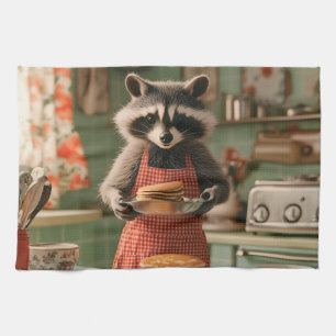 Niedlicher Raccoon Koch in Retro Küche Pancake ser Geschirrtuch