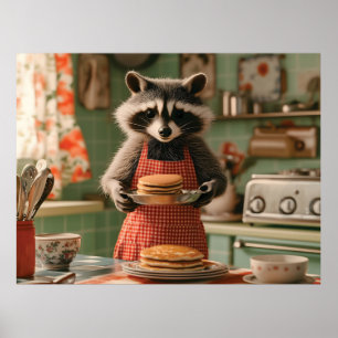 Niedlicher Raccoon Koch in Retro Küche Pancake ser Poster