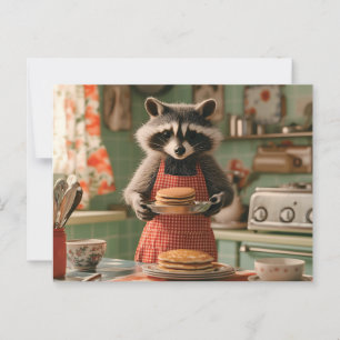 Niedlicher Raccoon Koch in Retro Küche Pancake ser Postkarte