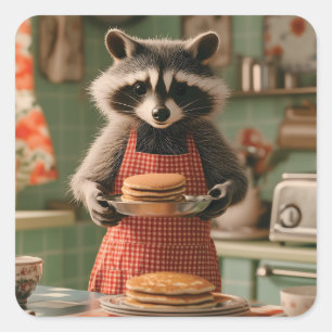 Niedlicher Raccoon Koch in Retro Küche Pancake ser Quadratischer Aufkleber