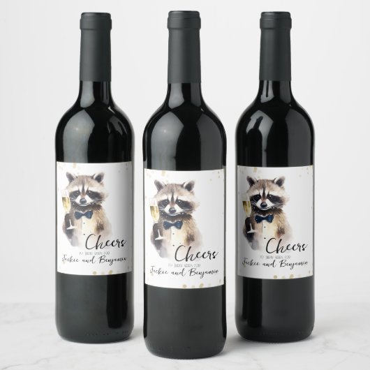 Niedlicher Raccoon mit Champagner-Hochzeitstag Weinetikett (Flaschen)