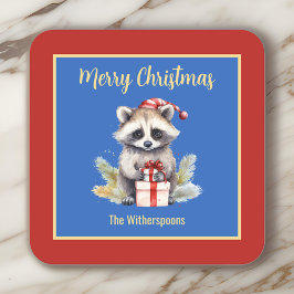 Niedlicher Raccoon mit Weihnachtsmannmütze Frohe W Rechteckiger Pappuntersetzer