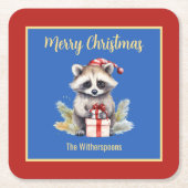 Niedlicher Raccoon mit Weihnachtsmannmütze Frohe W Rechteckiger Pappuntersetzer (Vorderseite)