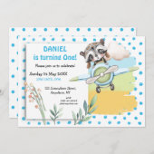 Niedlicher Raccoon Pilot Blue Dots erste Geburtsta Einladung (Vorne/Hinten)