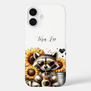 Niedlicher Raccoon und Sonnenblumen iPhone 16 Hülle