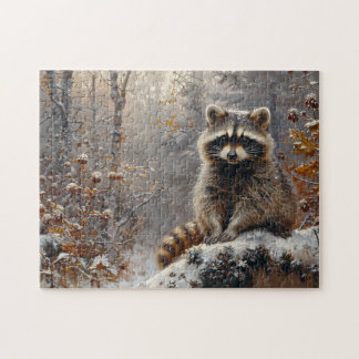 Niedlicher Raccoon während der Winterölmalerei Puzzle