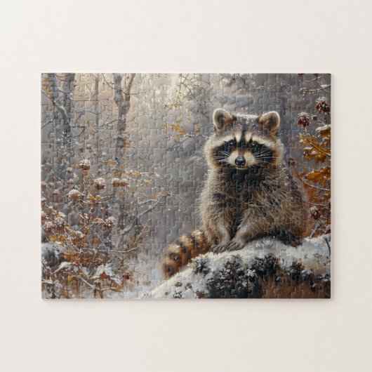 Niedlicher Raccoon während der Winterölmalerei Puzzle (Horizontal)