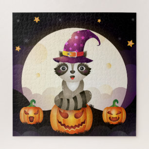 Niedlicher Raccoon-Zauberer, Pumpkins und Mond Puzzle