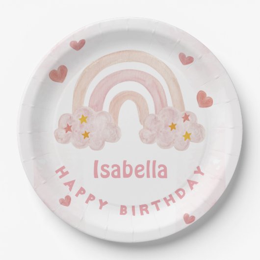 Niedlicher Rainbow Individuelle Name Happy Birthda Pappteller (Vorderseite)