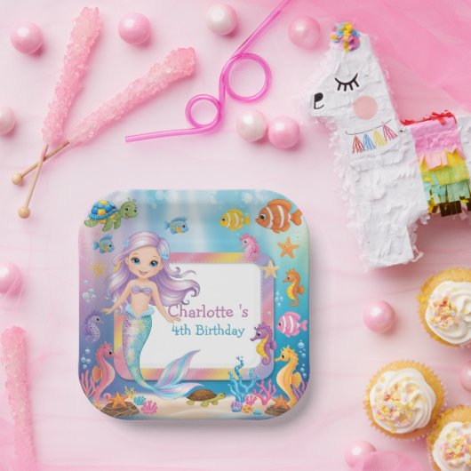 Niedlicher Rainbow-Meerjungfisch-Schildkröte-Star Pappteller (Party)