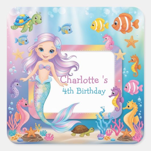 Niedlicher Rainbow-Meerjungfisch-Schildkröte-Star Quadratischer Aufkleber (Vorderseite)