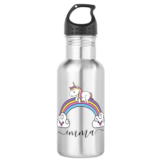 Niedlicher Rainbow Unicorn Personalisierter Name Edelstahlflasche (Vorderseite)