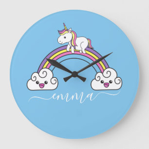 Niedlicher Rainbow Unicorn Personalisierter Name Große Wanduhr