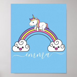 Niedlicher Rainbow Unicorn Personalisierter Name Poster
