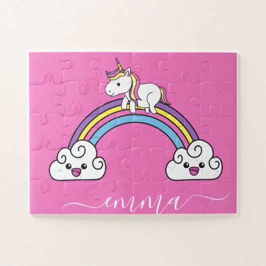 Niedlicher Rainbow Unicorn Personalisierter Name  Puzzle (Horizontal)