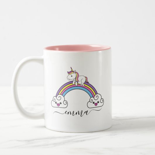 Niedlicher Rainbow Unicorn Personalisierter Name Zweifarbige Tasse (Links)