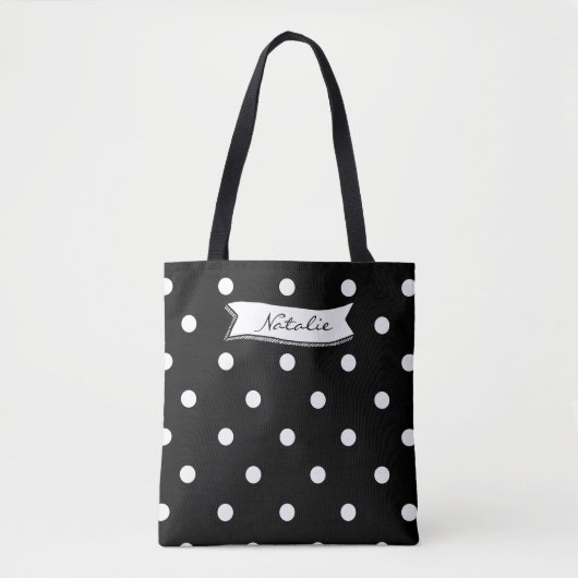 Niedlicher Rand mit Monogramm schwarz-weiße Polka- Tasche (Vorderseite)