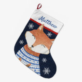 Niedlicher Red Fox in Blue White Sweater Schneeflo Großer Weihnachtsstrumpf (Vorderansicht (hängend))