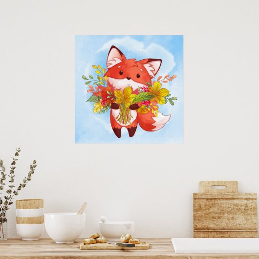 Niedlicher Red Fox mit Herbstlauben Poster (Küche)