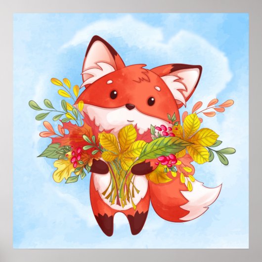 Niedlicher Red Fox mit Herbstlauben Poster (Vorne)