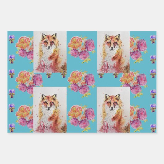 Niedlicher Red Fox Wasserfarbe Rose Wald Geschenkpapier Set (Vorderseite)