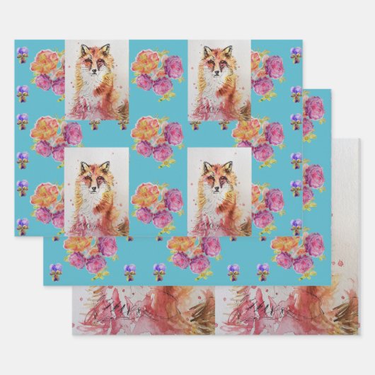 Niedlicher Red Fox Wasserfarbe Rose Wald Geschenkpapier Set (Set)