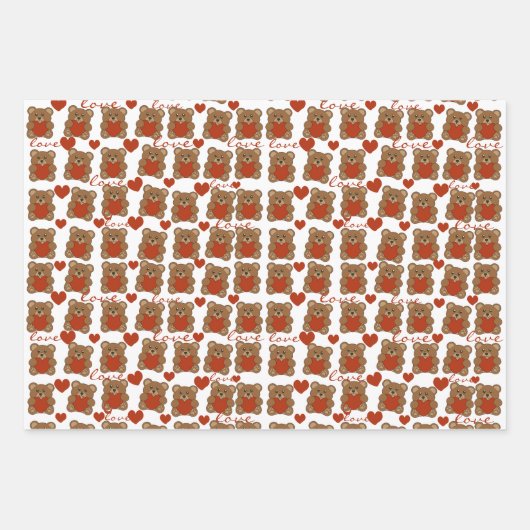 Niedlicher Red Heart Pattern Teddy Bär Valentinsta Geschenkpapier Set (Vorderseite 2)