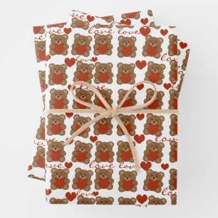 Niedlicher Red Heart Pattern Teddy Bär Valentinsta Geschenkpapier Set