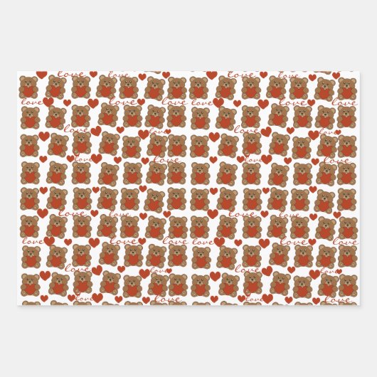 Niedlicher Red Heart Pattern Teddy Bär Valentinsta Geschenkpapier Set (Vorderseite)