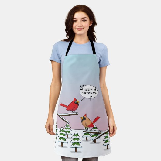Niedlicher Red Kardinal Singen frohe Weihnachten Schürze (Getragen)