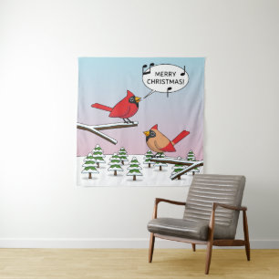 Niedlicher Red Kardinal Singen frohe Weihnachten Wandteppich