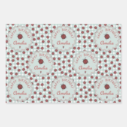 Niedlicher Red Ladybug Personalisierter Kindergebu Geschenkpapier Set (Vorderseite)