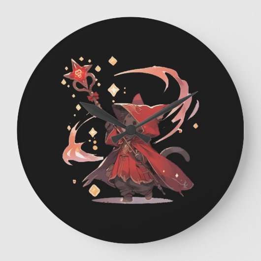 Niedlicher Red Mage Cat Hero Große Wanduhr (Vorderseite)