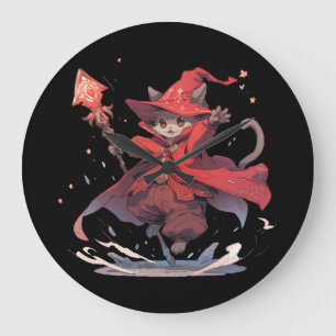 Niedlicher Red Mage Cat Hero Große Wanduhr