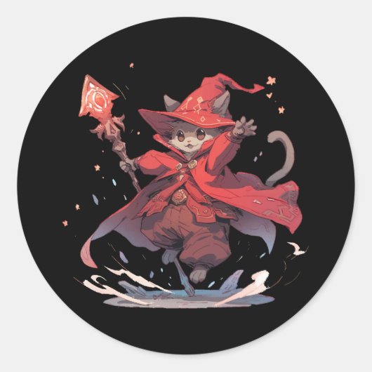 Niedlicher Red Mage Cat Hero Runder Aufkleber (Vorderseite)