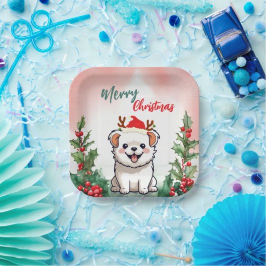 Niedlicher Red Merry Weihnachtshund Welpe Weihnach Pappteller (Party)
