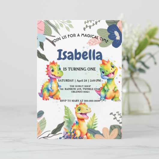 Niedlicher Regenbogen Dinosaur Happy Birthday Part Dankeskarte (Stehend Vorderseite)