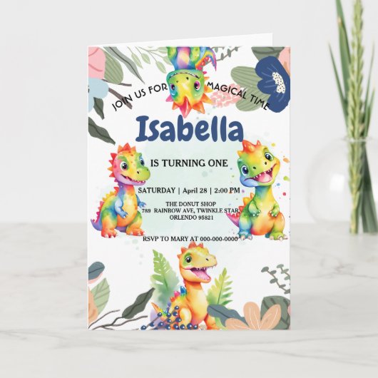 Niedlicher Regenbogen Dinosaur Happy Birthday Part Einladung (Vorderseite)