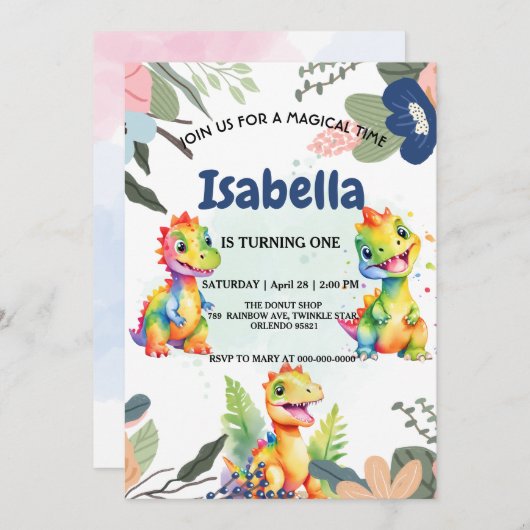 Niedlicher Regenbogen Dinosaur Happy Birthday Part Einladung (Vorne/Hinten)