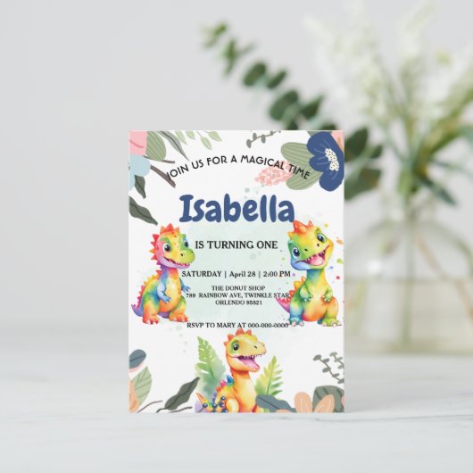 Niedlicher Regenbogen Dinosaur Happy Birthday Part Postkarte (Stehend Vorderseite)