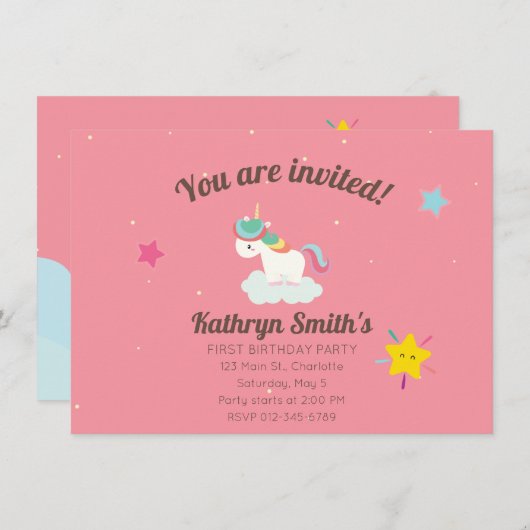 Niedlicher Regenbogen Einhorn mit Sternen. Geburts Einladung (Vorne/Hinten)