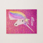 Niedlicher Regenbogen Einhorn Rosa Glitzer Name Puzzle (Horizontal)