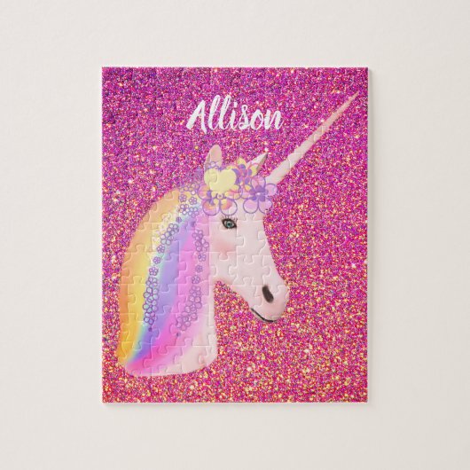 Niedlicher Regenbogen Einhorn Rosa Glitzer Name Puzzle (Vertikal)