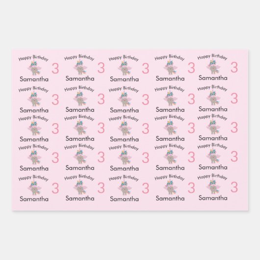 Niedlicher Regenbogen Einhorn Rosa Mädchenname & A Geschenkpapier Set (Vorderseite 3)