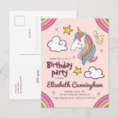 Niedlicher Regenbogen Einhorn Sterne Geburtstag Einladungspostkarte (Vorne/Hinten)
