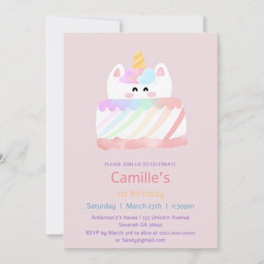 Niedlicher Regenbogen Einhornkuchen 1. Geburtstag Einladung (Vorderseite)