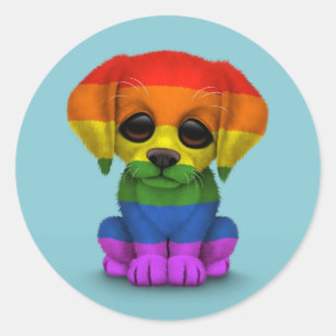 Niedlicher Regenbogen-Gay Pride Welpenhund, blau Runder Aufkleber
