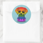 Niedlicher Regenbogen-Gay Pride Welpenhund, blau Runder Aufkleber (Tasche)