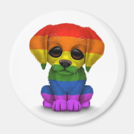 Niedlicher Regenbogen-Gay Pride Welpenhund, weiß Magnet (Vorne)