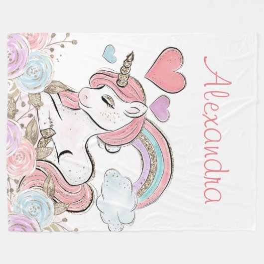 Niedlicher Regenbogen-Glitzer Einhorn mit Individu Fleecedecke (Vorderseite (Horizontal))